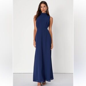 Lulu's Classic elegant navy chiffon sleeveless mock  neck maxi dress